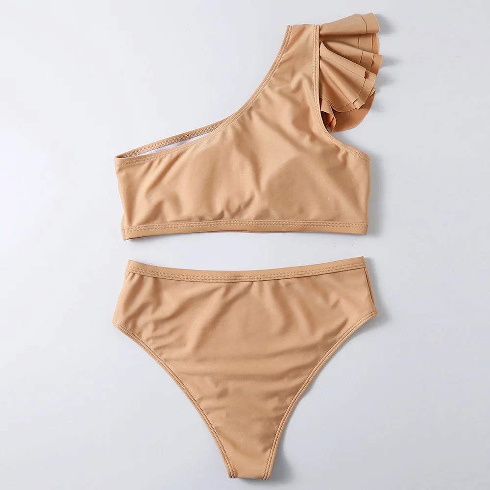 Maillot de bain deux pièces Sexy pour femmes, asymétrique épaule dénudée, Bikini, taille haute, à volants, vêtements de plage, été, 2022