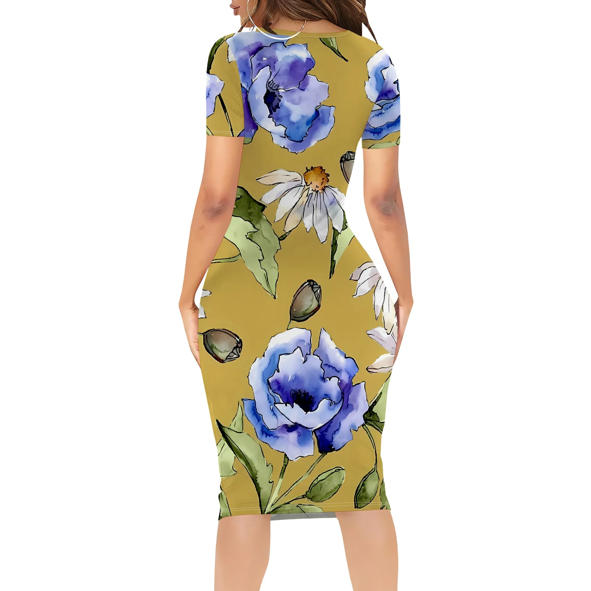 Nupusa Blumendruck, figurbetontes Kleid für Damen, U-Ausschnitt, kurze Ärmel, Sommer, lässiges Midikleid