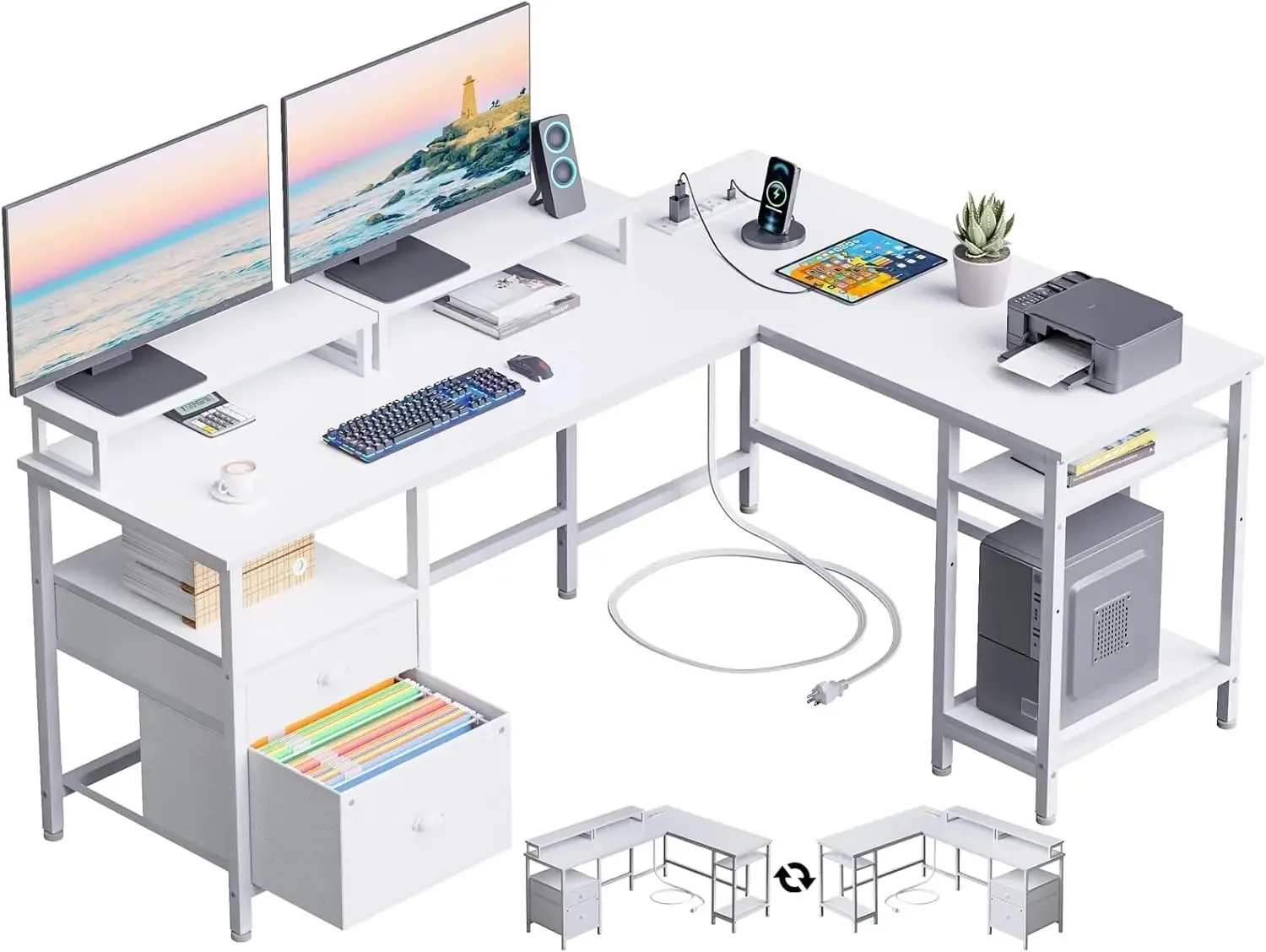 

59” L Shaped Desk with Power Outlet, with File Drawer & 2 Monitor Stands, Corner Home Office Table with Storage Shelves for