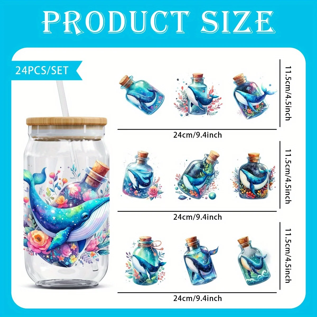 24PCS/SET Blue Ocean Drifting Bottle DIY Light Beigeny Tumblers Wrap Decorative Transfer Paper