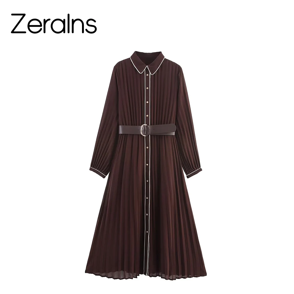 ZERAINS Autumn new women's fashion outfit with belt, contrasting color trim long sleeved pleated MIDI dress
