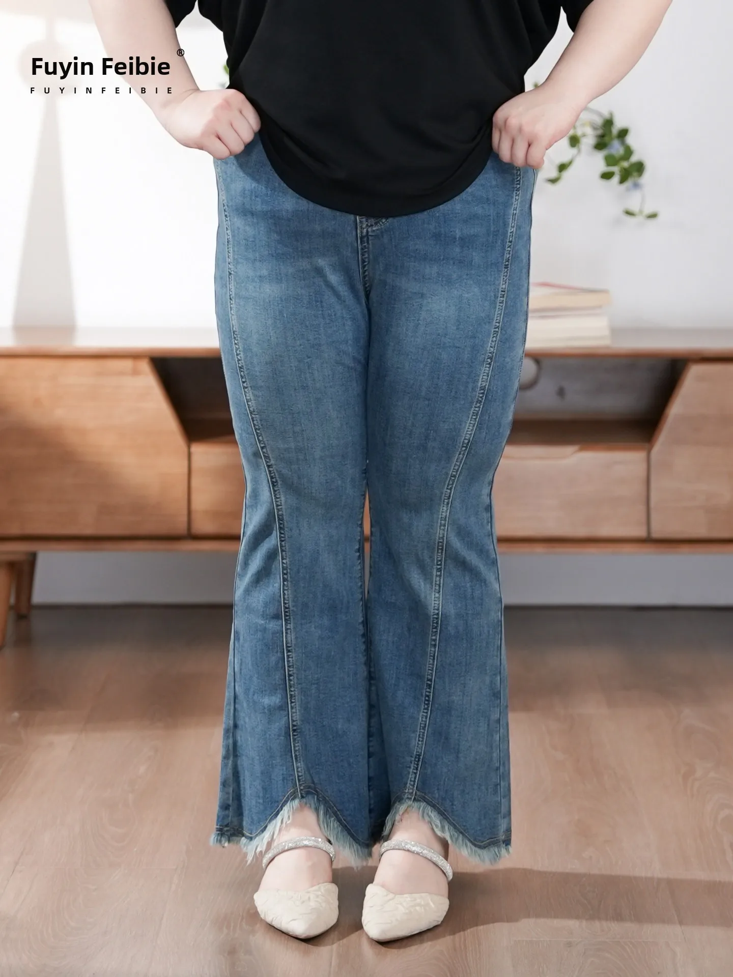 

Джинсы с высокой талией, расклешенные, из эластичного хлопкового денима, весна 2025, винтажный стиль, для полных женщин, повседневные, прямые штанины