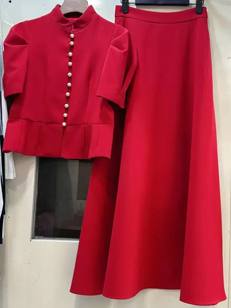 Elegant bubble short-sleeved single-breasted jacket spring and summer women's new high-waisted skirt fashion two-piece suit