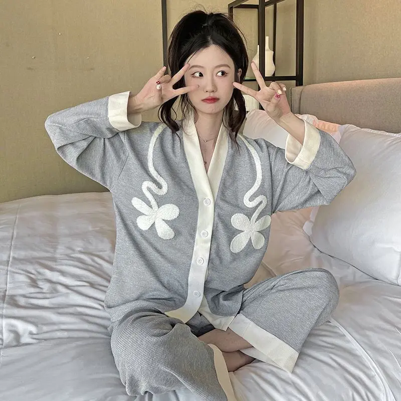 Spring Autumn New Sleepwear Sweet Cute Student Dormitory Pajamas Set 2024 Women's Cardigan Loose V-neck Casual Homewear Suit