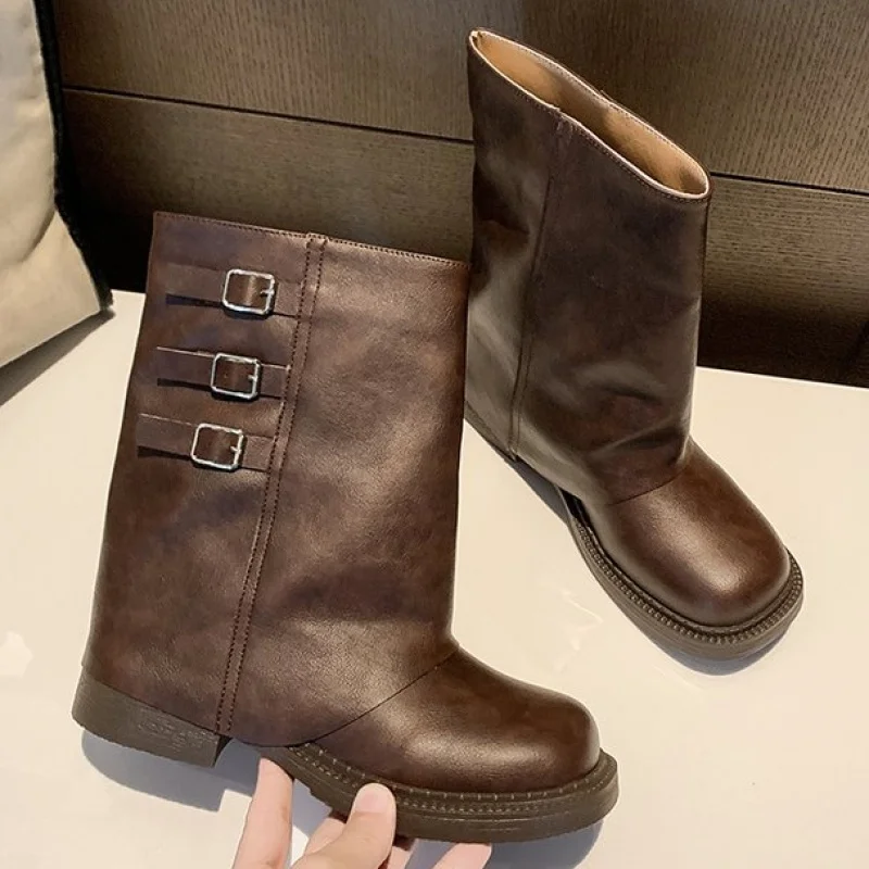 Bottes mi-mollet en cuir PU pour femmes, chaussures à enfiler, bottes d'équitation à talon optique, plissées, marron, automne, 2025