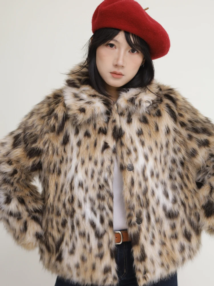 adient Colored Leopard Print Jaet Vintage Patchwork Leather  Buttoned Artificial Fur Coat  Collar Long Sve