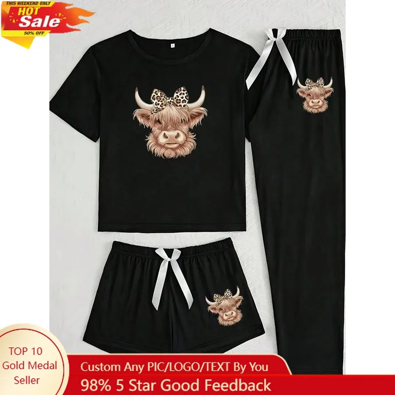 

Women's Short Sleeve 3-Piece Pajama Set with Highland Cow Print, Casual Comfortable Sleepwear for All Seasons, Fitted Knitted Fa