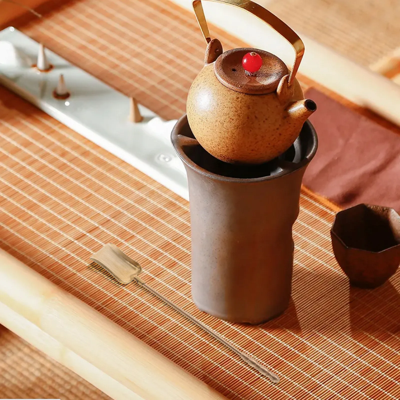 Copper Coal Shovel Long Handle Multipurpose Scoop for Tea Ceremony Fireplace Ash Cleaning