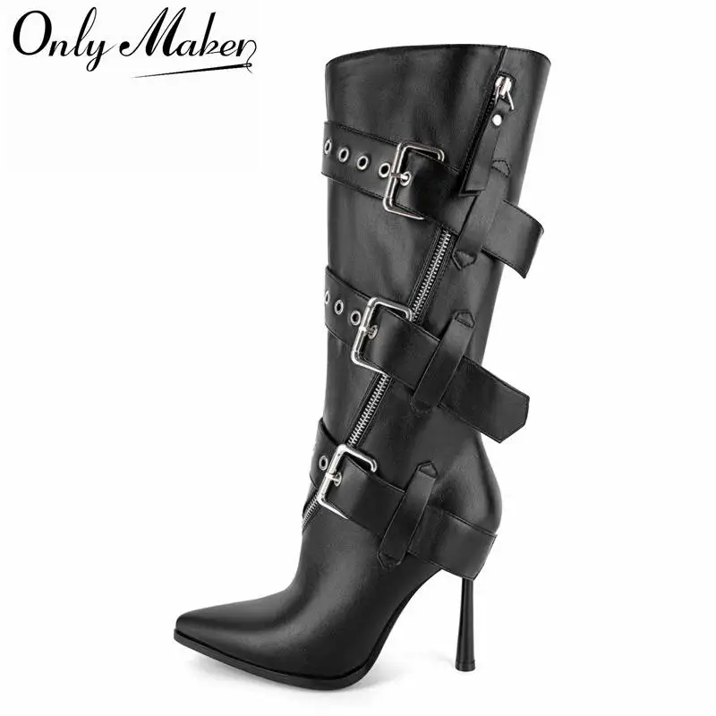 Onlymaker Pointed Toe Black Matte Leather Mid Calf Boots Slim Stiletto High Heel Punk Gothic Dress Metal Buckle Stiletto Boots