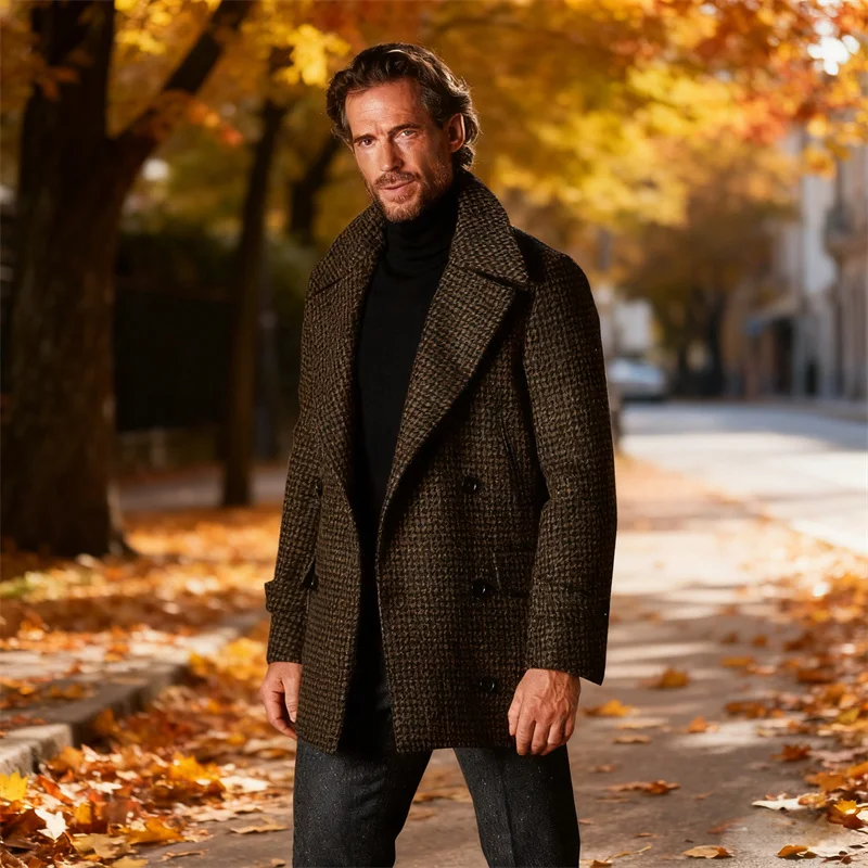 

Роскошная британская мужская куртка, винтажная шерстяная мужская куртка с узором «гусиные лапки», двубортный элегантный пиджак с большими лацканами, зимнее пальто