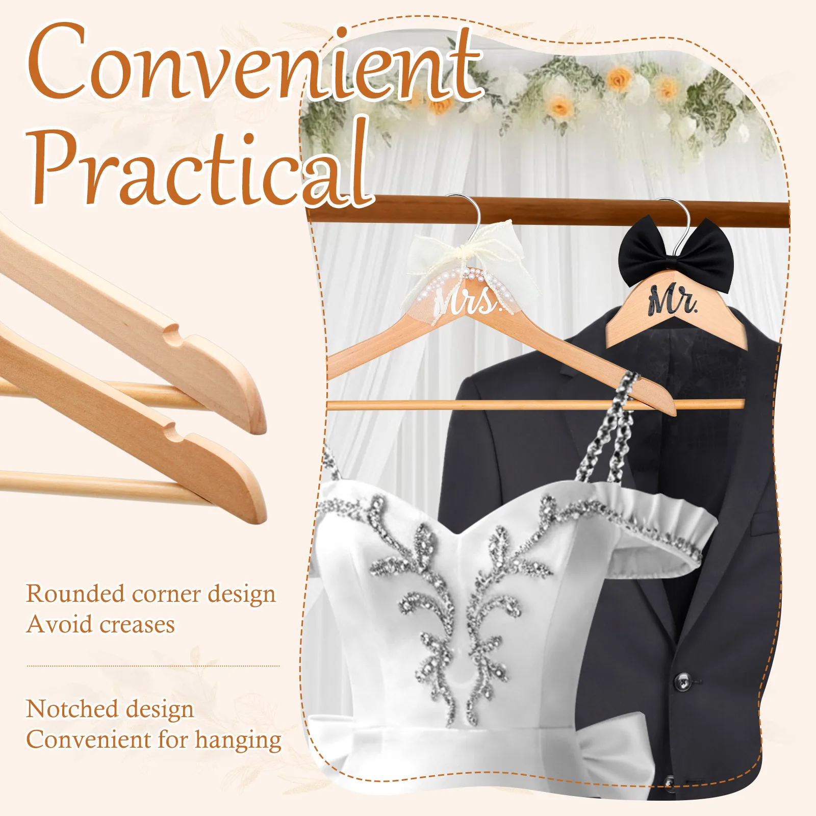 4 قطعة شماعات الملابس فستان شماعات مع القوس اللؤلؤ العروس العريس ثوب فستان سهرة دعوى مكافحة زلة شماعات خشبية لوازم الزفاف