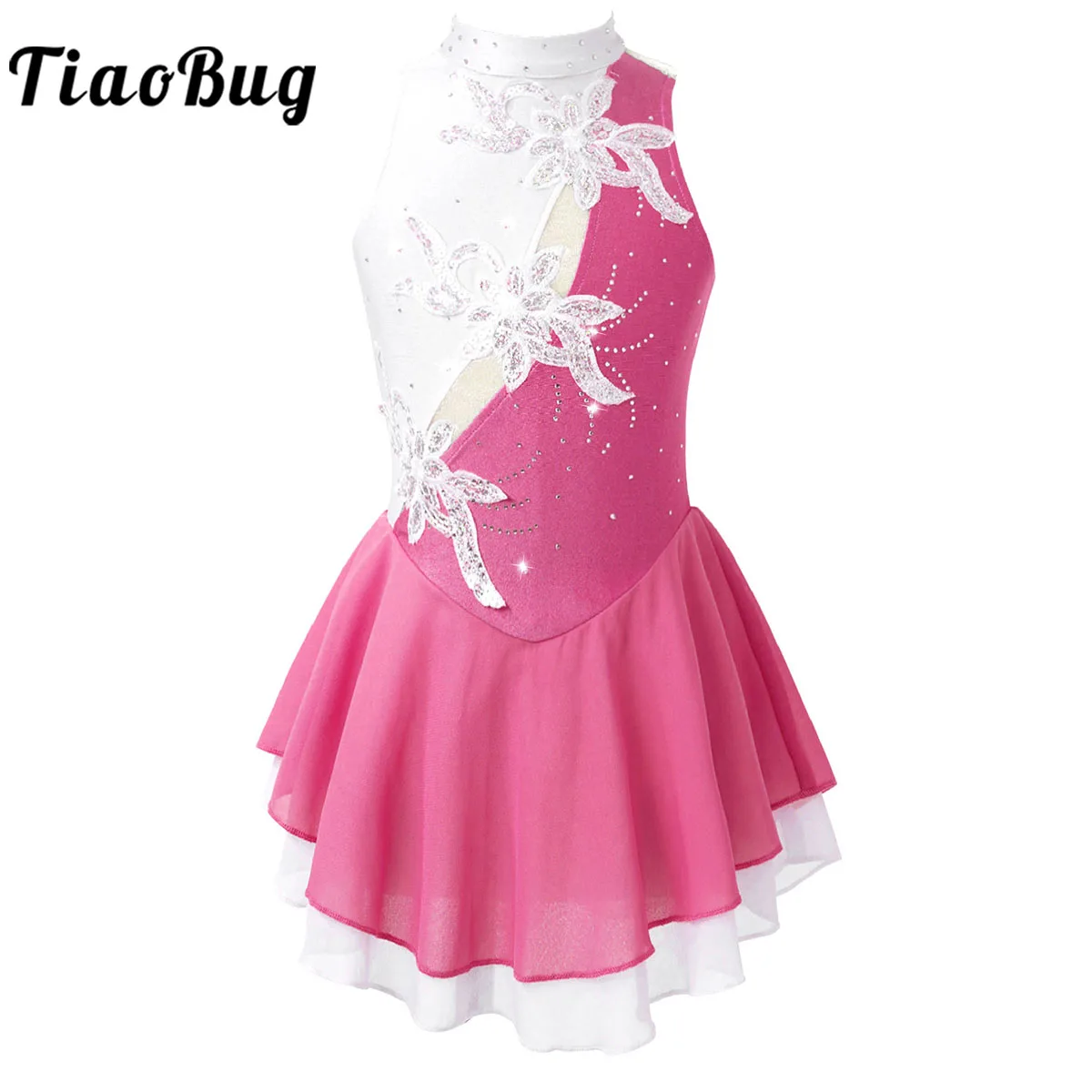 Vestido de patinação no gelo para crianças, Floral Ballet Ginástica Collant, strass dancewear, roupas para desempenho para meninas