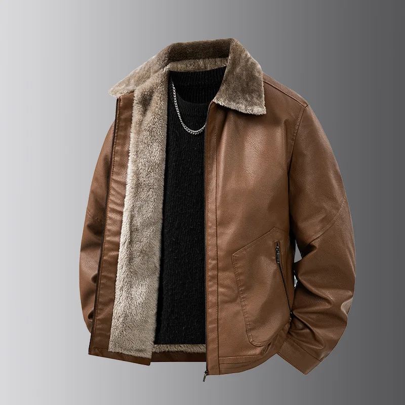 

Men's Fleece Leather Jacket Classic Fashionable Casual Winter 2025 Multiple Warmth Layers Heat-Storing Lining