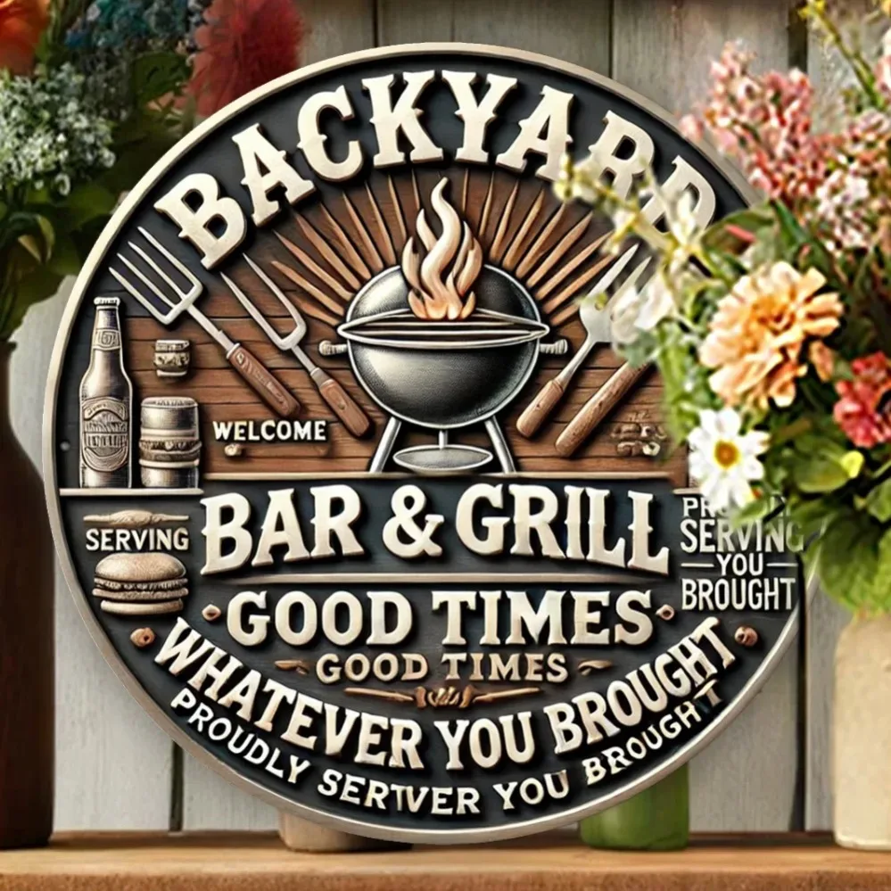 A Timeless Round Sign Featuring a Barbecue - Beer Design: Perfect for Enhancing Your Home Bar and Patio Ambiance