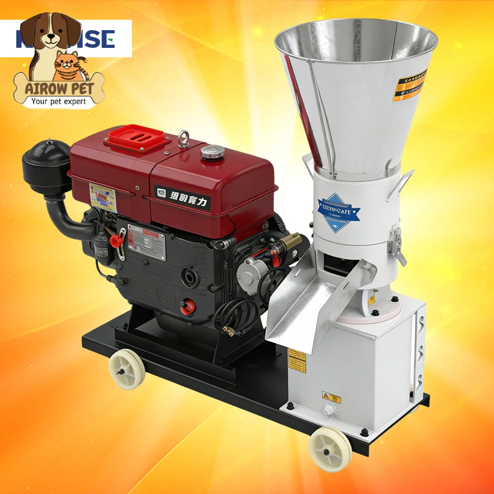 AIROW Animal Feed Pellet Machine With Rotating Roller Diesel Engine for Corn Grass Straw Small Farm Use