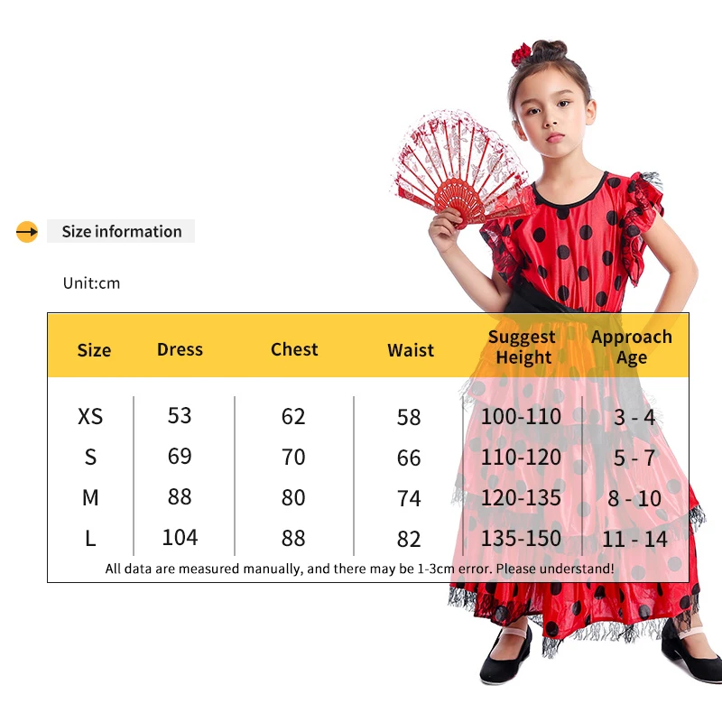 Spanish National Senorita Girls Traditional Flamenco Dancer Cosplay Kids Ethnic Fancy-Dress Costume