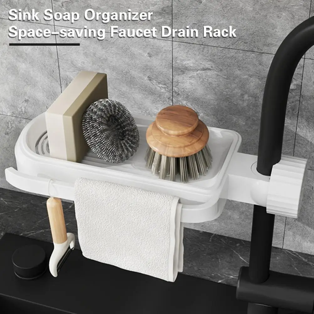 Bathroom Scrubber Holder Sponge Holder Over Faucet Punch-Free Kitchen Sink Soap Detachable Plastic Hanging Faucet Drain Rack