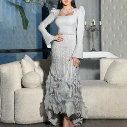 Classic Silver Prom Dresses Middle East 2024 Long Sleeves Wedding Party Dresses High Low Square Neck Evening Gowns Sequin Arabic