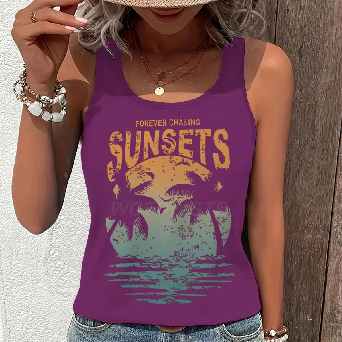Women Vintage Forever Chasing Sunsets Graphic Racerback Tank Top Summer Vacation Retro Beach Sleeveless Basic-Fit Vest
