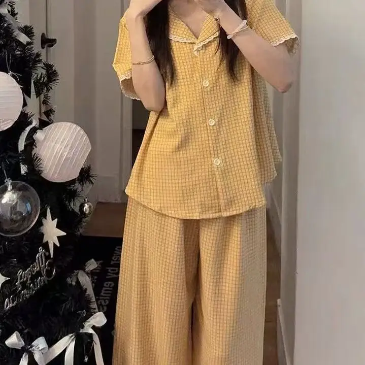2Pcswomen's Pajamasshort Sleeved Pajama Setsummer Pajamascomfortable and Soft Pajamashomewear Setcheckered Pajamas