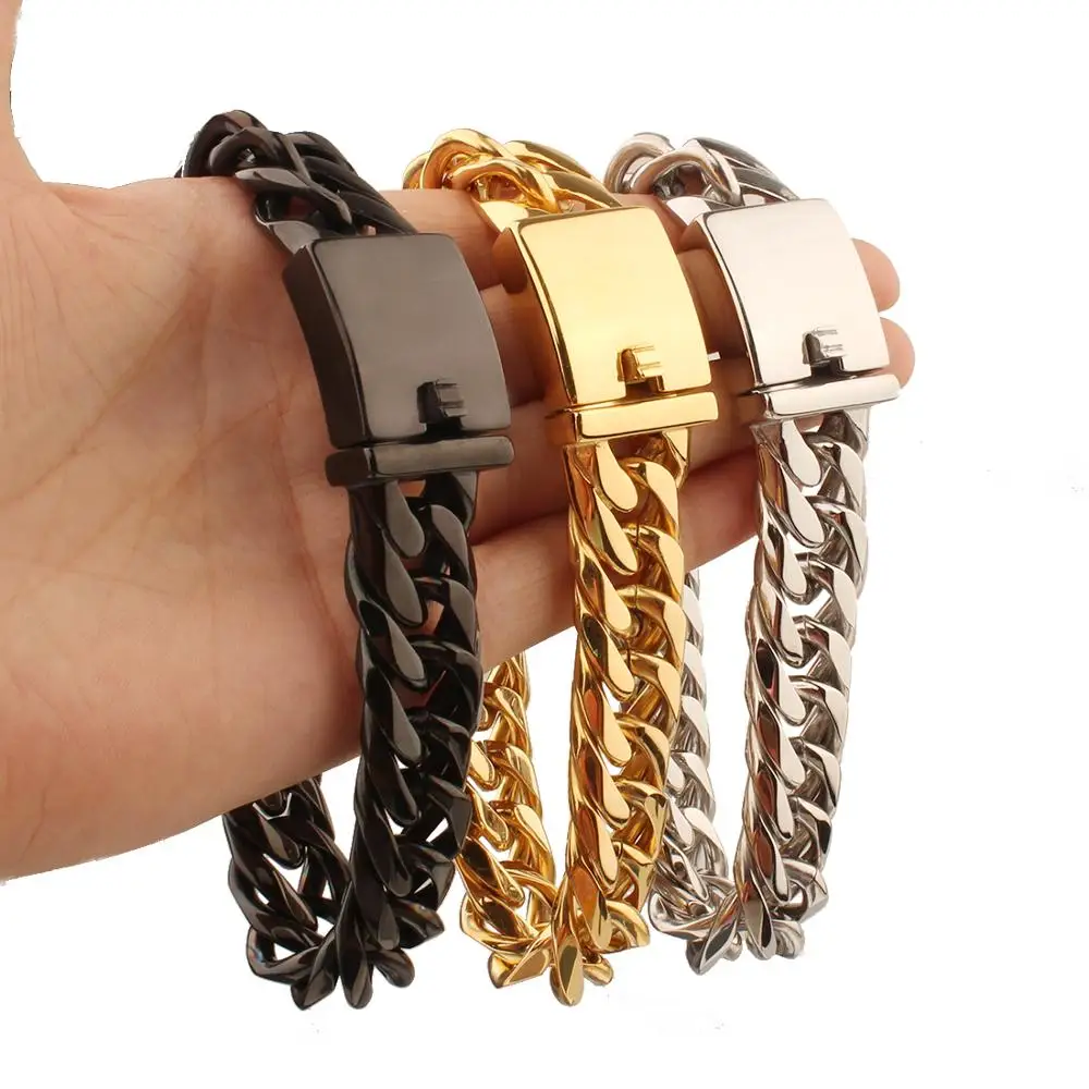 

Granny Chic Gold Tone/Black Tone Stainless Steel Curb Cuban Link Chain Bracelet Bangle for Men Women 13mm/16mm 7-11inch