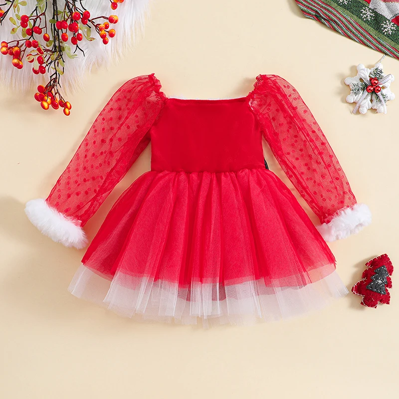 Girls Winter Holiday Dress Sparkly Sequin Embellished Long Sleeve Velvet Dress with Tulle Skirt and Faux Fur Trim