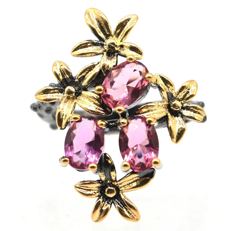 28x21mm Unique Vintage Gold Flowers Blue Aquamarine Violet Tanzanite Pink Tourmaline Peridot Cool Black Metal Silver Rings view 2