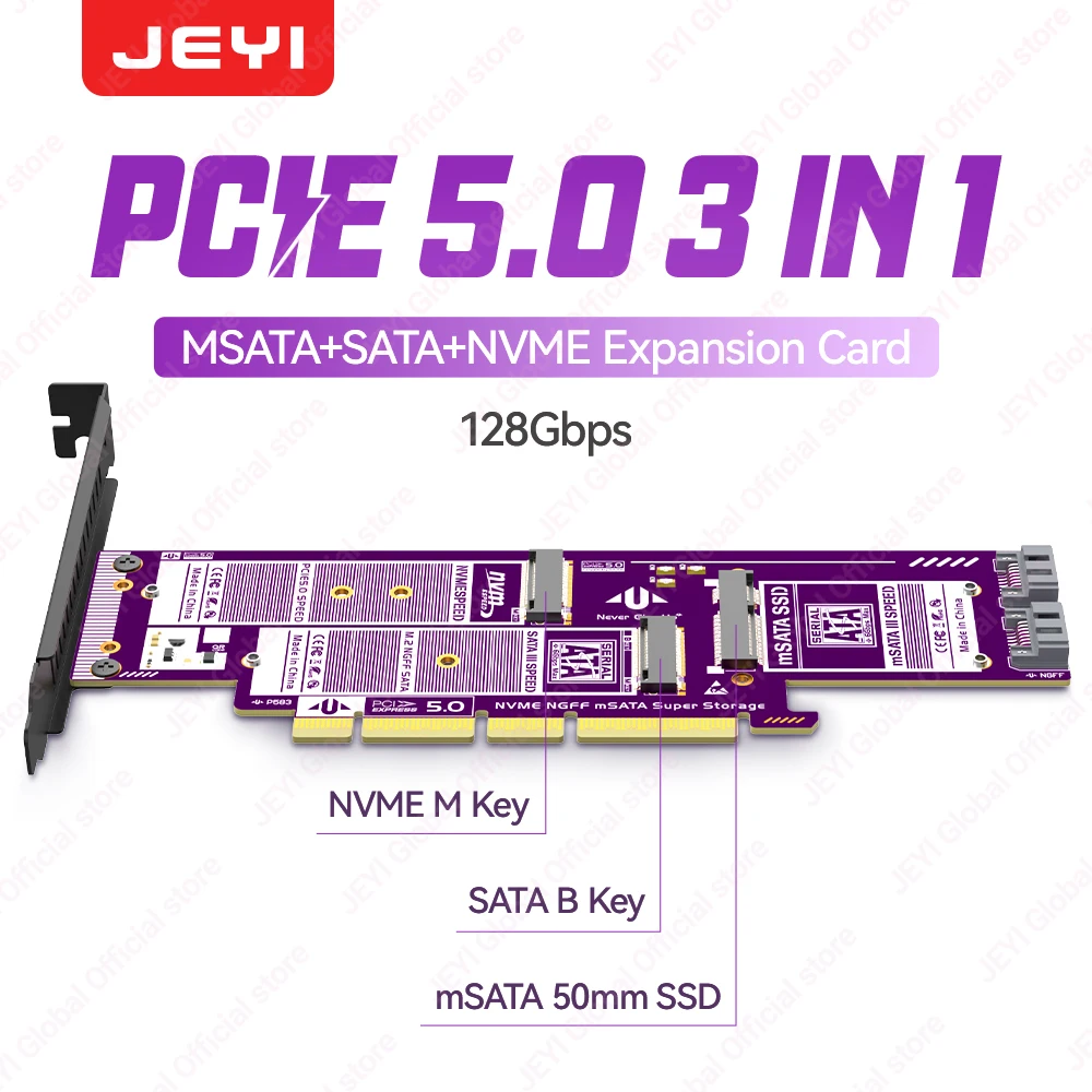 JEYI 3-in-1 NVMe NGFF en mSATA SSD PCIe 5.0/4.0 adapterkaart M.2 NVMe naar PCIe/M.2 SATA SSD naar SATA III/mSATA naar SATA converter