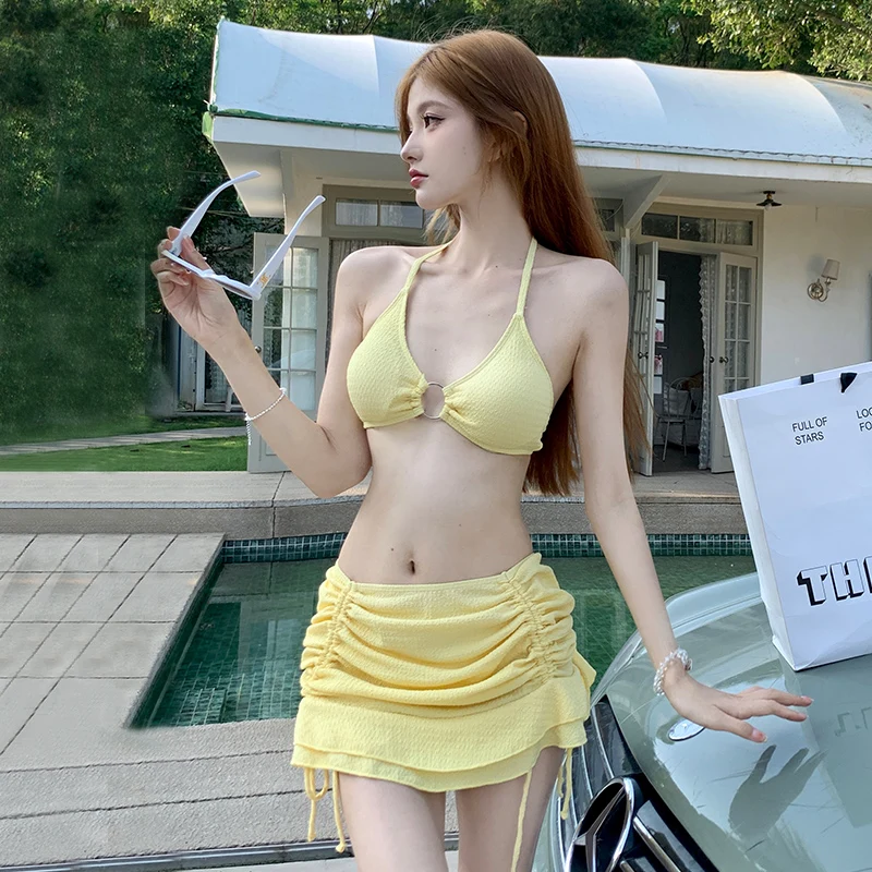 Wisuwore Sexy Beach Bikini 2023 New White Split Three Piece Swimwear Hanging Neck Strap Holiday Bikini