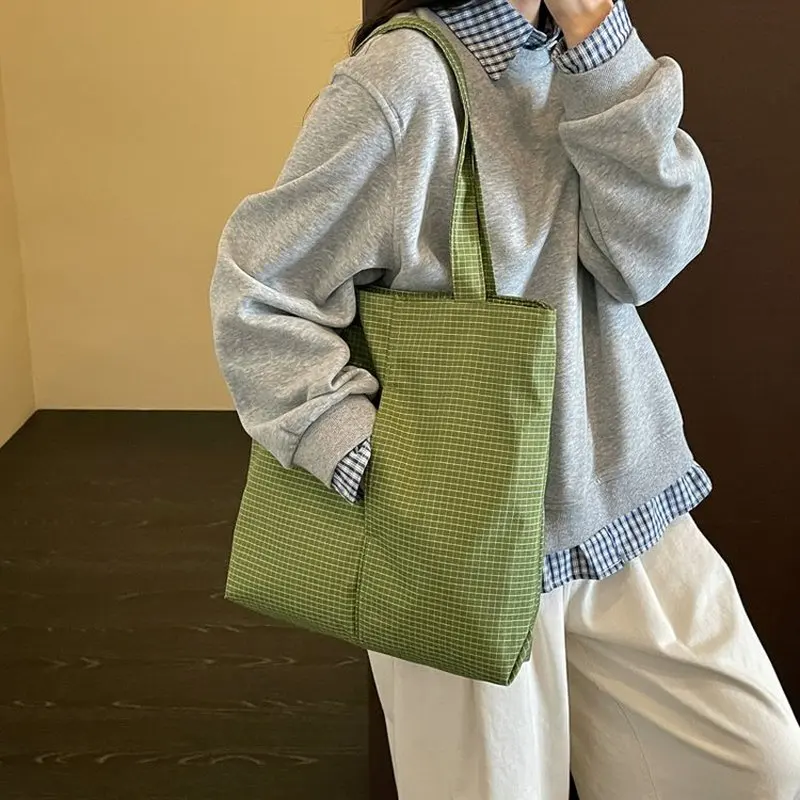 Women Olive Green Tote Bag With Grid Pattern Large Capacity Casual Shoulder Purse For Shopping Travel Daily Commute Handbag