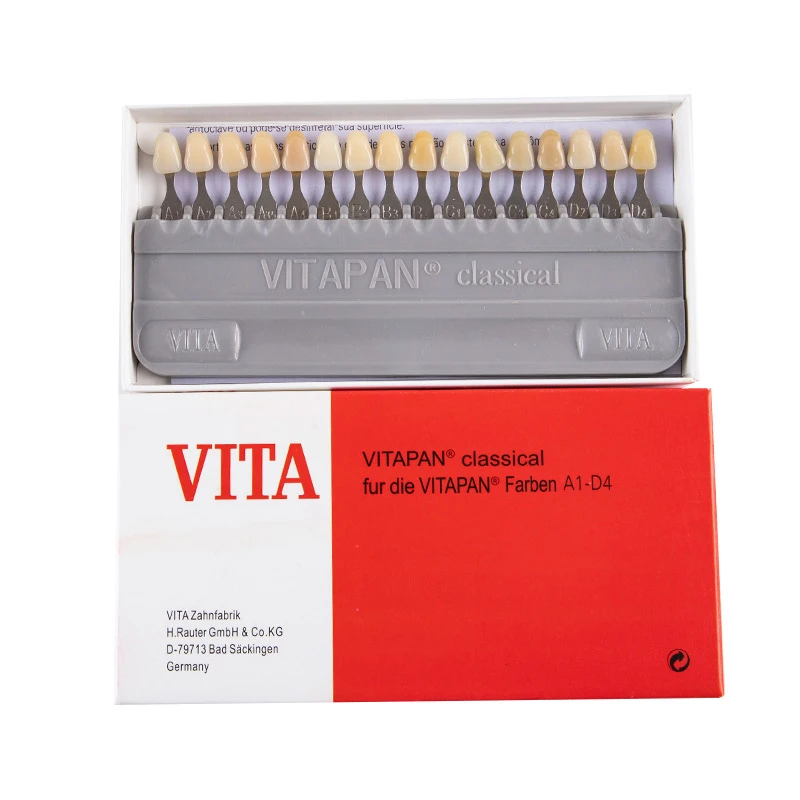 

Dental technician material VITA 16 color palette for Comparison chart of color values before and after dental cosmetic treatment