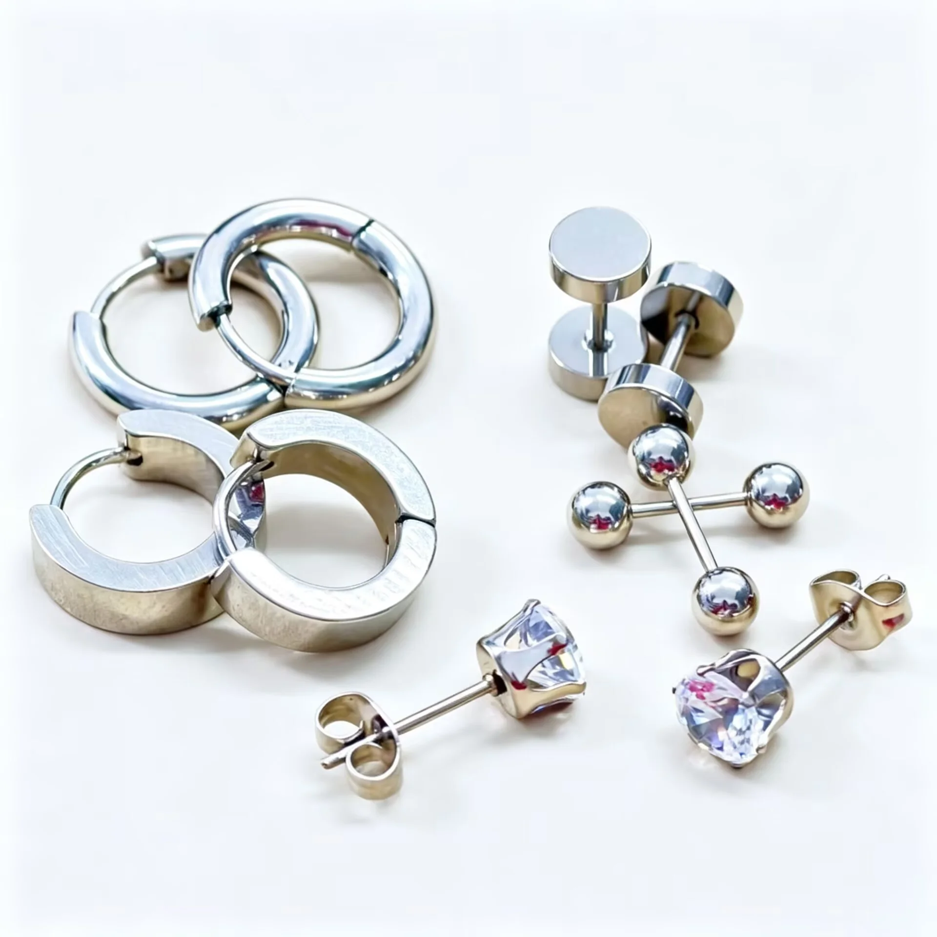 5 Pairs/Set Simple Punk Stainless Steel Cubic Zirconia Framed Earrings Combo Set, Daily Jewelry Studs for Men and Women