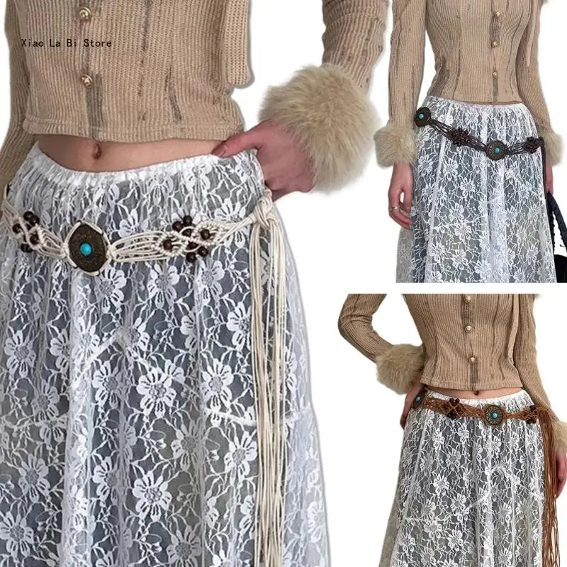 

Bohemian Beaded Belt for Female Casual Adjust Self Knotted Crochet Belt for Dress Vacation Waist Decors XXFD