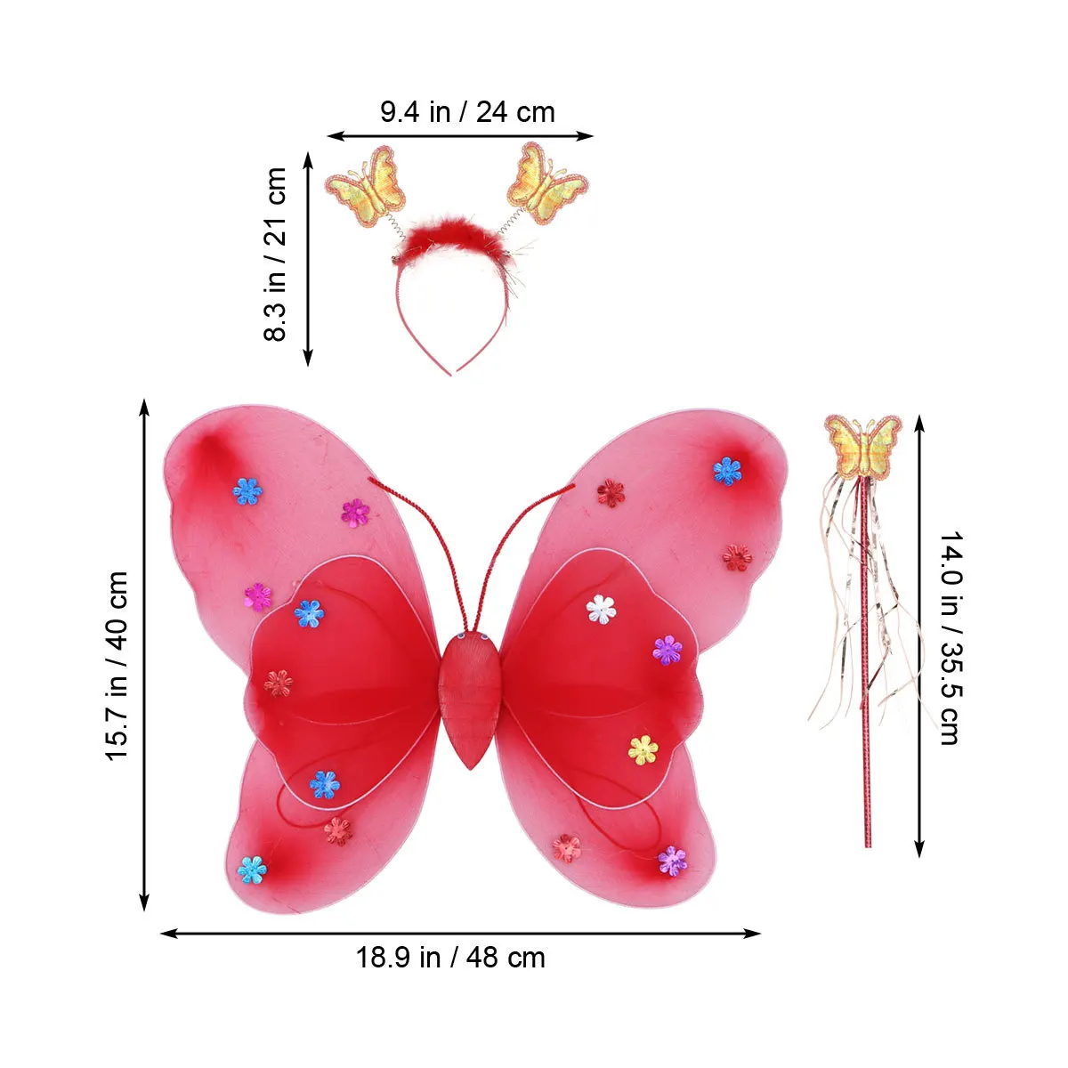 3Pcs LED Light Fairy Wings Set Red Includes Double Layer Wings Elastic Straps Headband and Wand Girls Costume Night Party Outfit