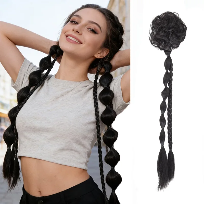 

1 шт. синтетический накладной хвост-коса с эффектом пузырьков - с небрежным пучком, на резинке, подходит для повседневного ношения.