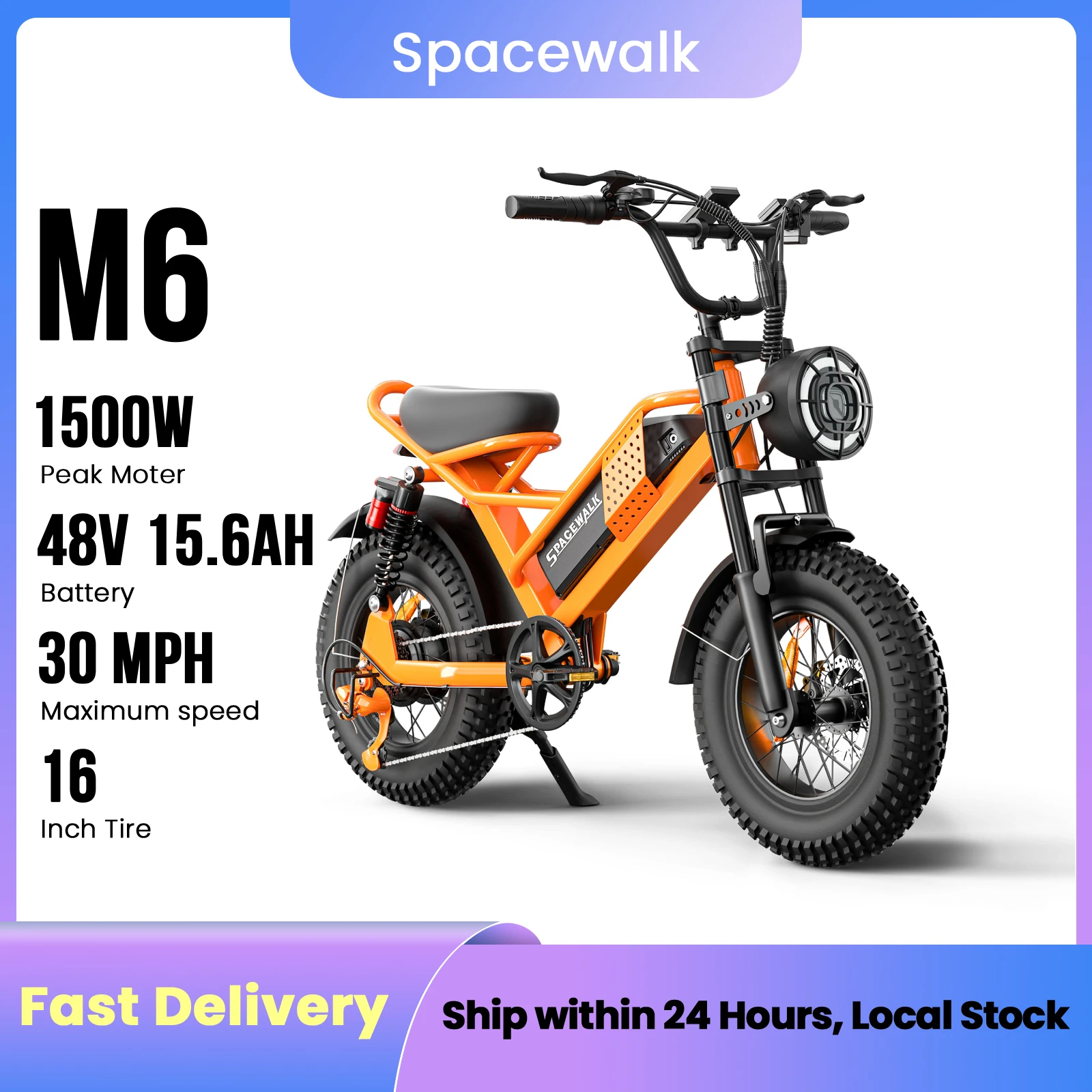 

Spacewalk 1500W Electric Bike for Adults,30 MPH 70 Miles,48V 15.6Ah Electric Dirt Bike,16" Fat Tire,6-Speed All Terrain E-Bike