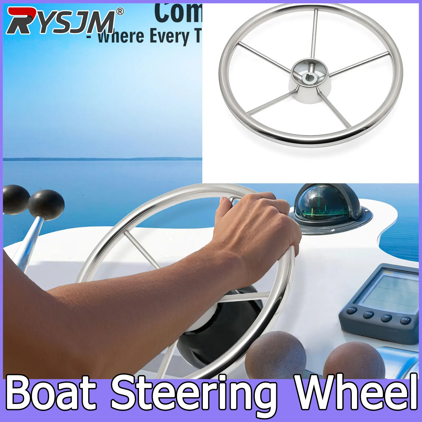 1pc 13inch Boat Accessories Marine Steering Wheel Yachts Ship Stainless Steel Mirror Polished 5 Spoke Steering Wheel
