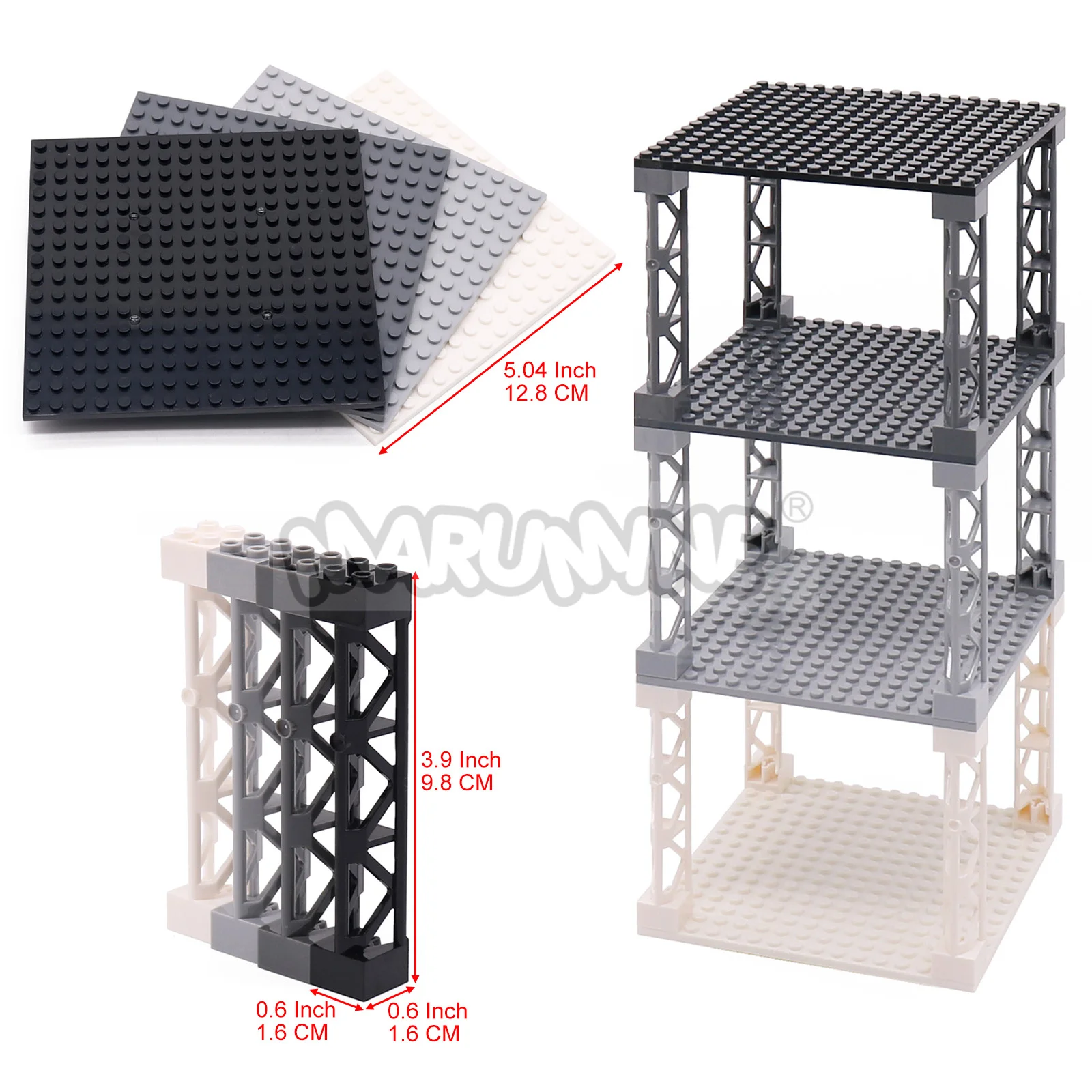MARUMINE Building Blocks Parts 16x16 Baseplate with 2x2x10 Iron Frame Support MOC Bricks Floor Board Compatible 91405 58827