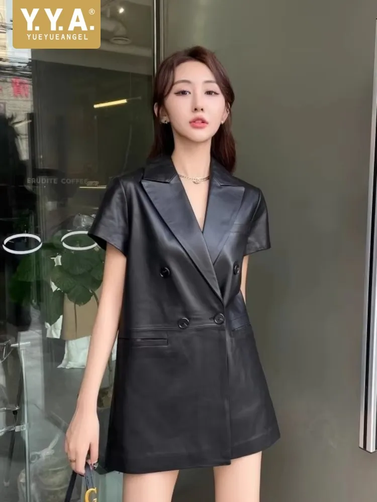 

Fashion Double Breasted Genuine Leather Women Vests Middle Long Black Short Sleeve Suit Jacket Office Ladies Sheepskin Waistcoat