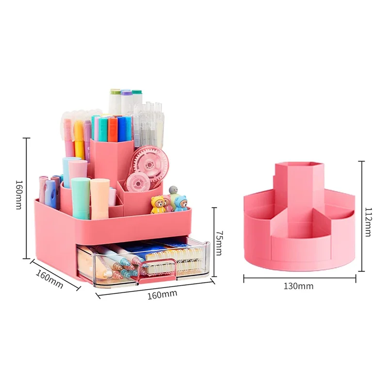 Rotating Pen Pencil Holder Desk-Organiser -Pencil Pots Makeup Brush Holder with 11 Compartments for Home Pink