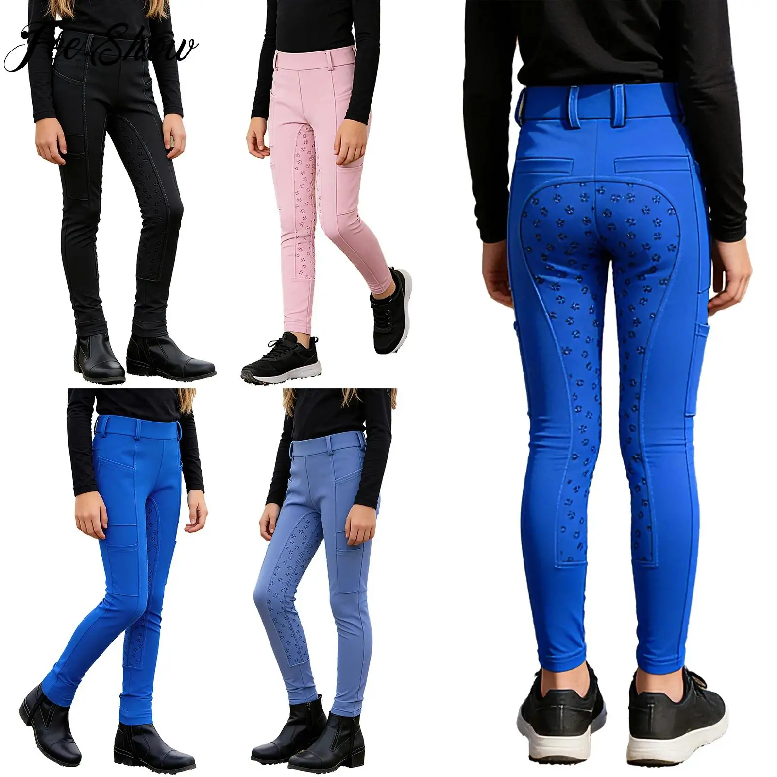 

Kids Boys Girls Sports Riding Pants Anti-slip Full Seat Equestrian Breeches Leggings with Multiple Pockets for Golf Gym Workout