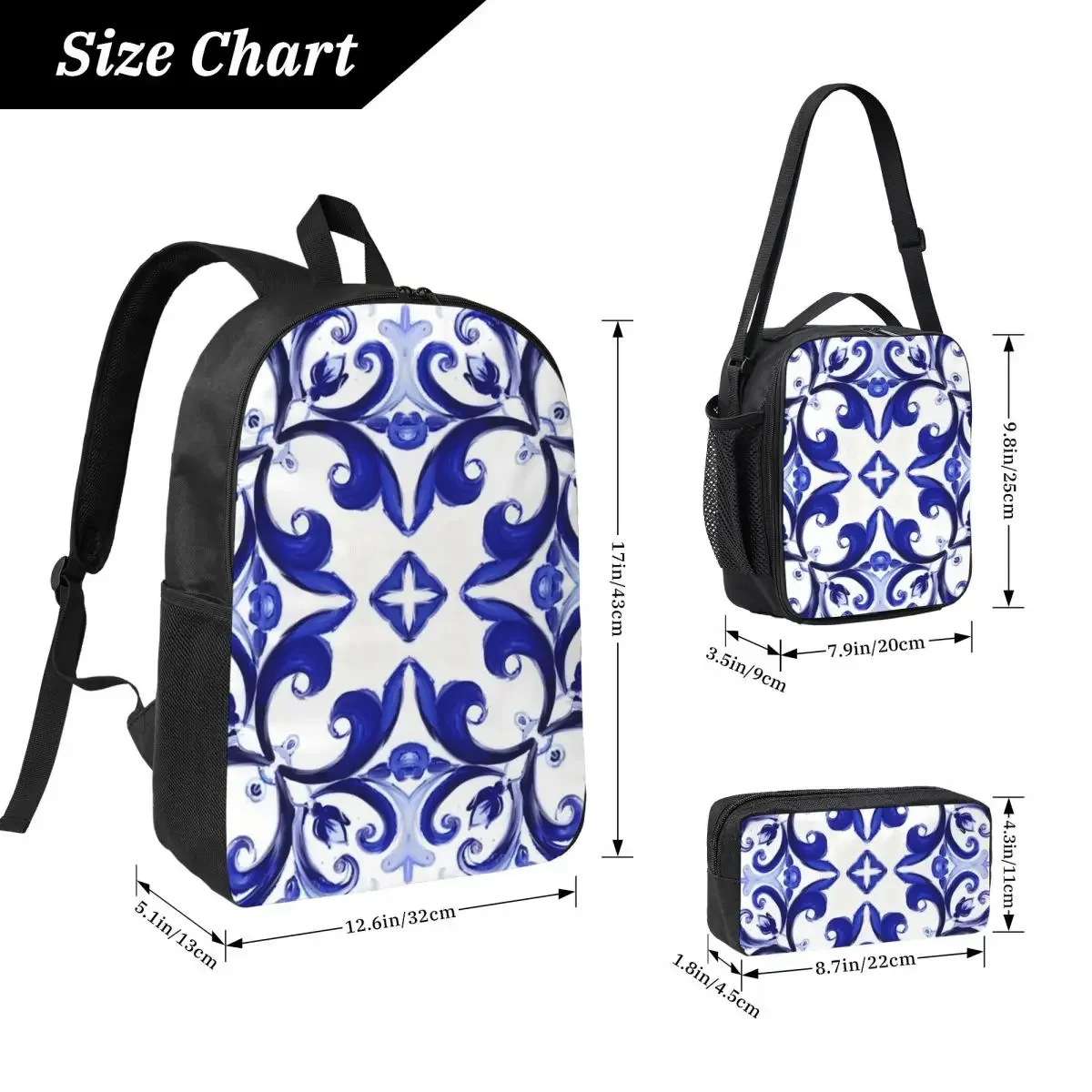 Summer,blue Tiles,mosaic,Sicilian Style Backpack Student Boys Girls BookBag School Bag 3ps Insulated Lunch Bag Pencil Case