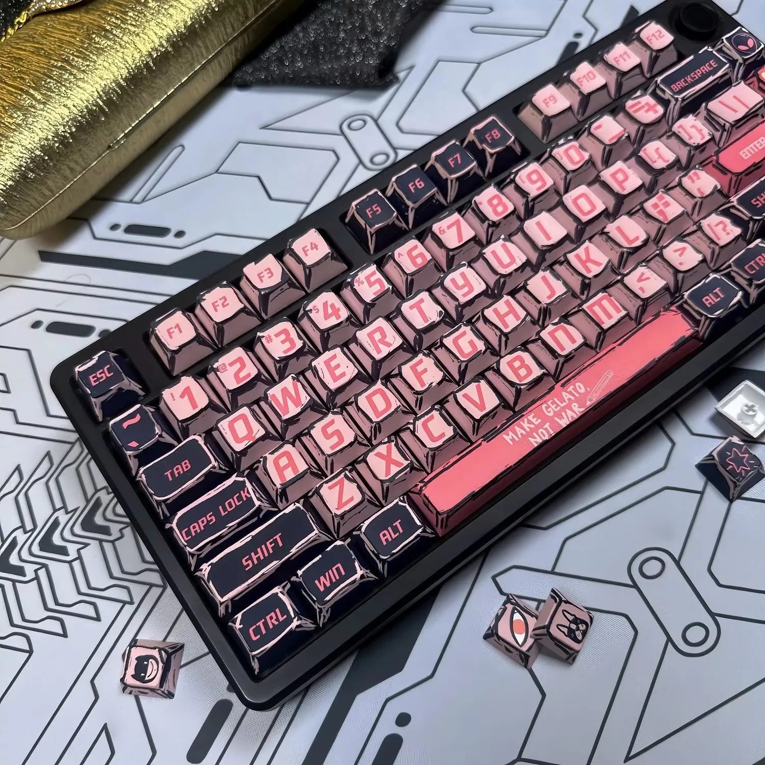 

Комплект кейкапов Comic Black Powder Sweetheart, оригинальная высота, гравировка, материал PBT, горячая сублимация, для механической клавиатуры с магнитными переключателями, Meg