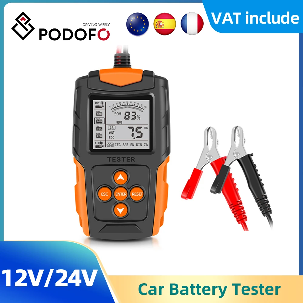 Podofo 12V 24V Car Battery Tester LCD Orange Analyzer Charger Diagnostic Tool Gel AGM WET CA SLA Batterie CCA IR SOH Measurement