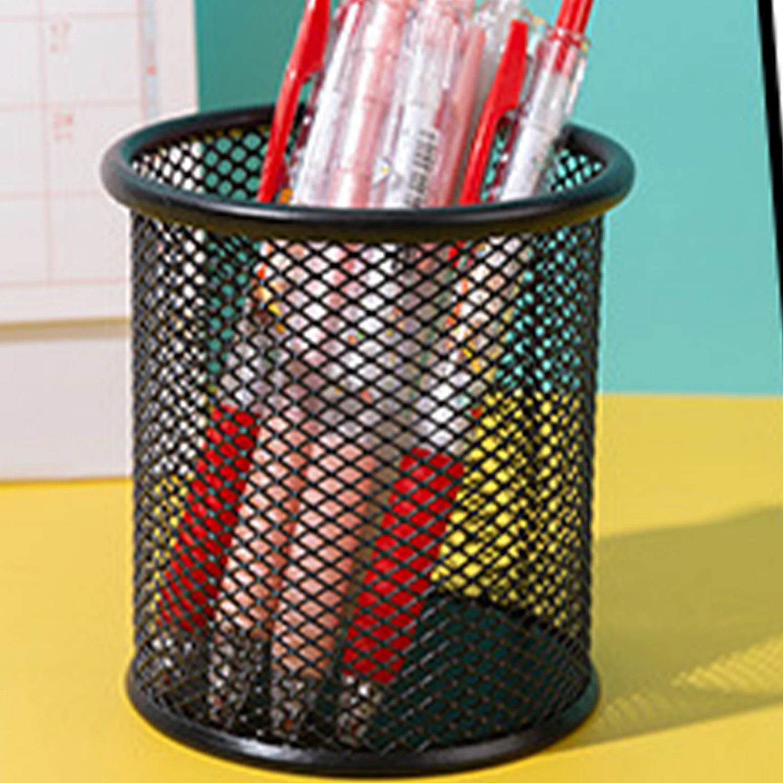 Metal Mesh Pen Holder Student Office Pens Storage Stand Pen Round Container Organizer Sundries Desktop Storage Black Silver
