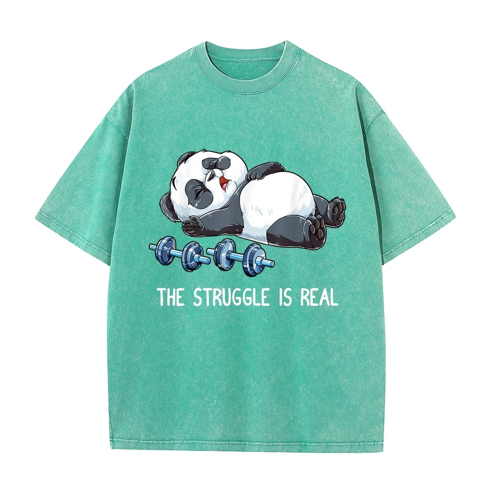 Panda The Struggle is Real Weightlifting Fitness Gym Funny T-Shirt Printed Men's T Shirts Sale Round Neck Short Sleeve Quote