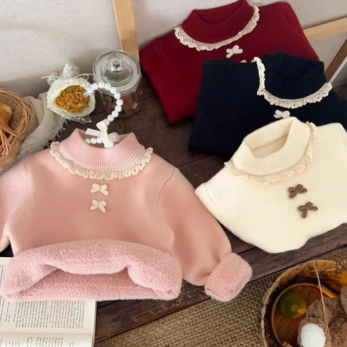 Girls Fall Winter Integrated Fleece Sweater Undershirt 2026 Baby Winter Fleece Thick Knit Top Kids Inner Wear