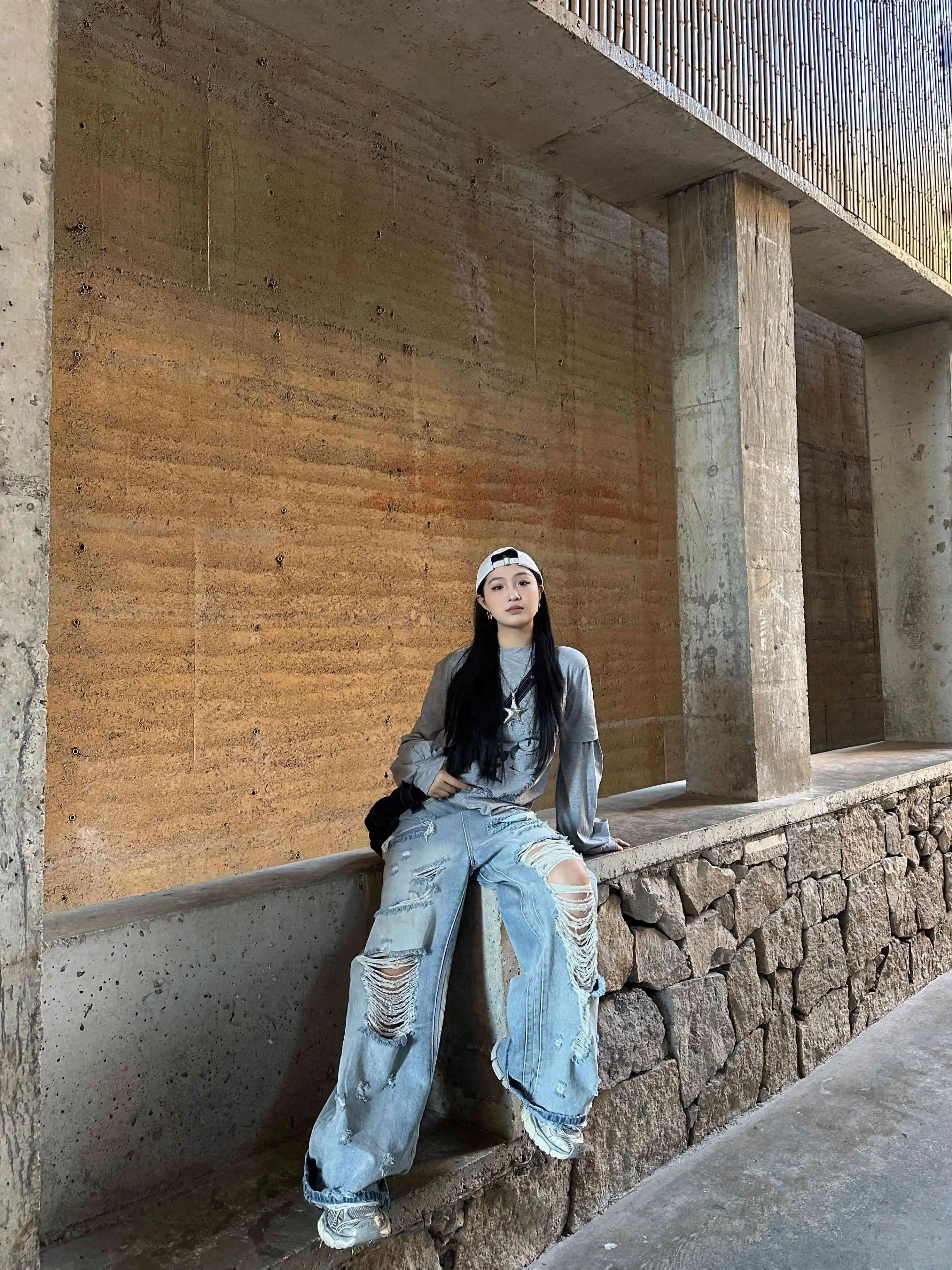 Vintage lichtblauwe gescheurde jeans dames hoge taille rechte baggy denim broek streetwear Y2K Amerikaanse retro wijde pijpen broek