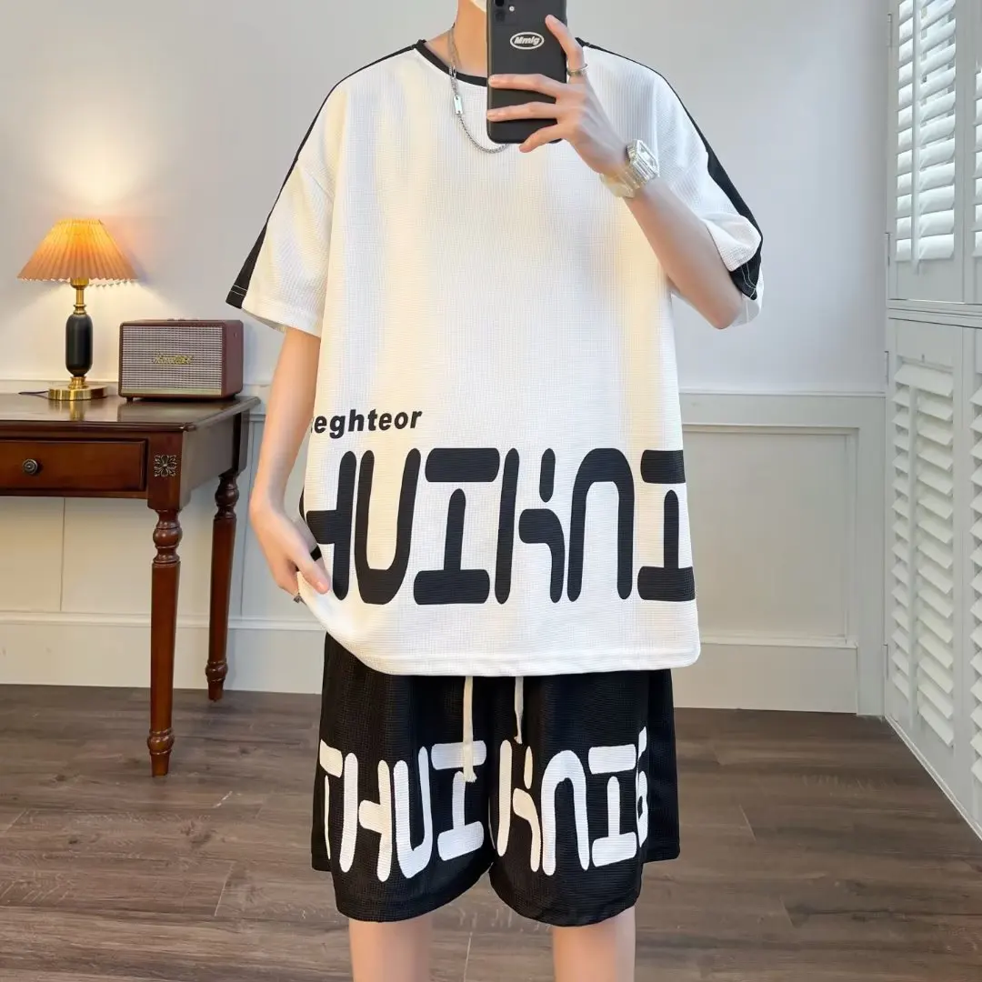 Large Size Casual Shorts Set Short Sleeve T-Shirt Men's Summer Trendy Loose Fit Teenage Polyester Sportswear Five-Quarter Length