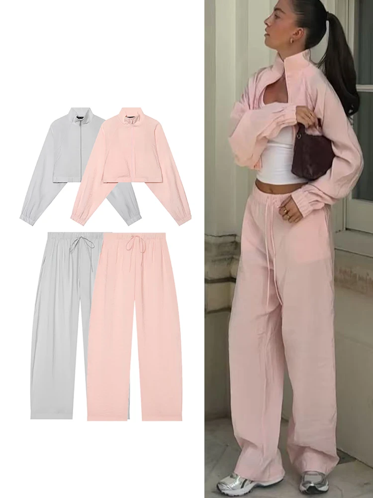 TFMLN Women's Casual Jacket Pants Set Loose Stand Collar Full Sleeve Zipper Jackets Wide Leg Pant 2026 Fashion Solid Suits